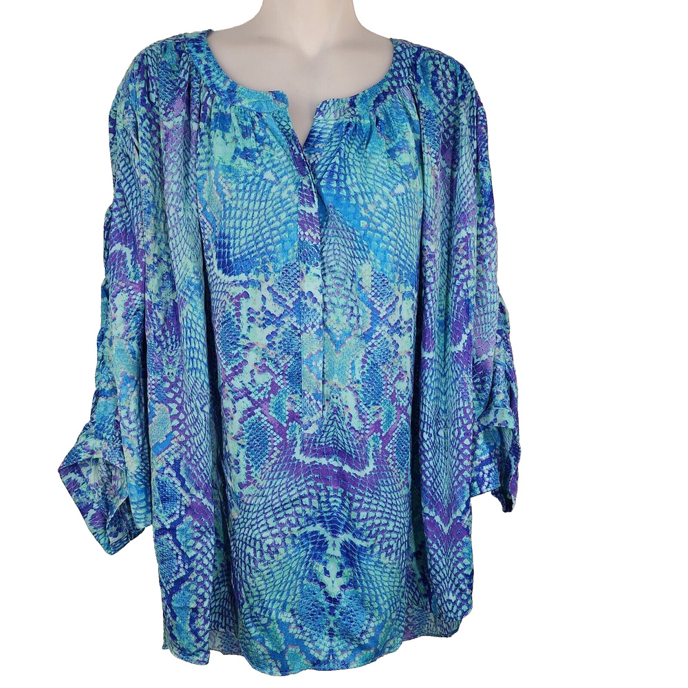 Jennifer Lopez JLO Blouse Women 1X Blue Snake Skin Dolman Bat Wing Sleeve Ruched